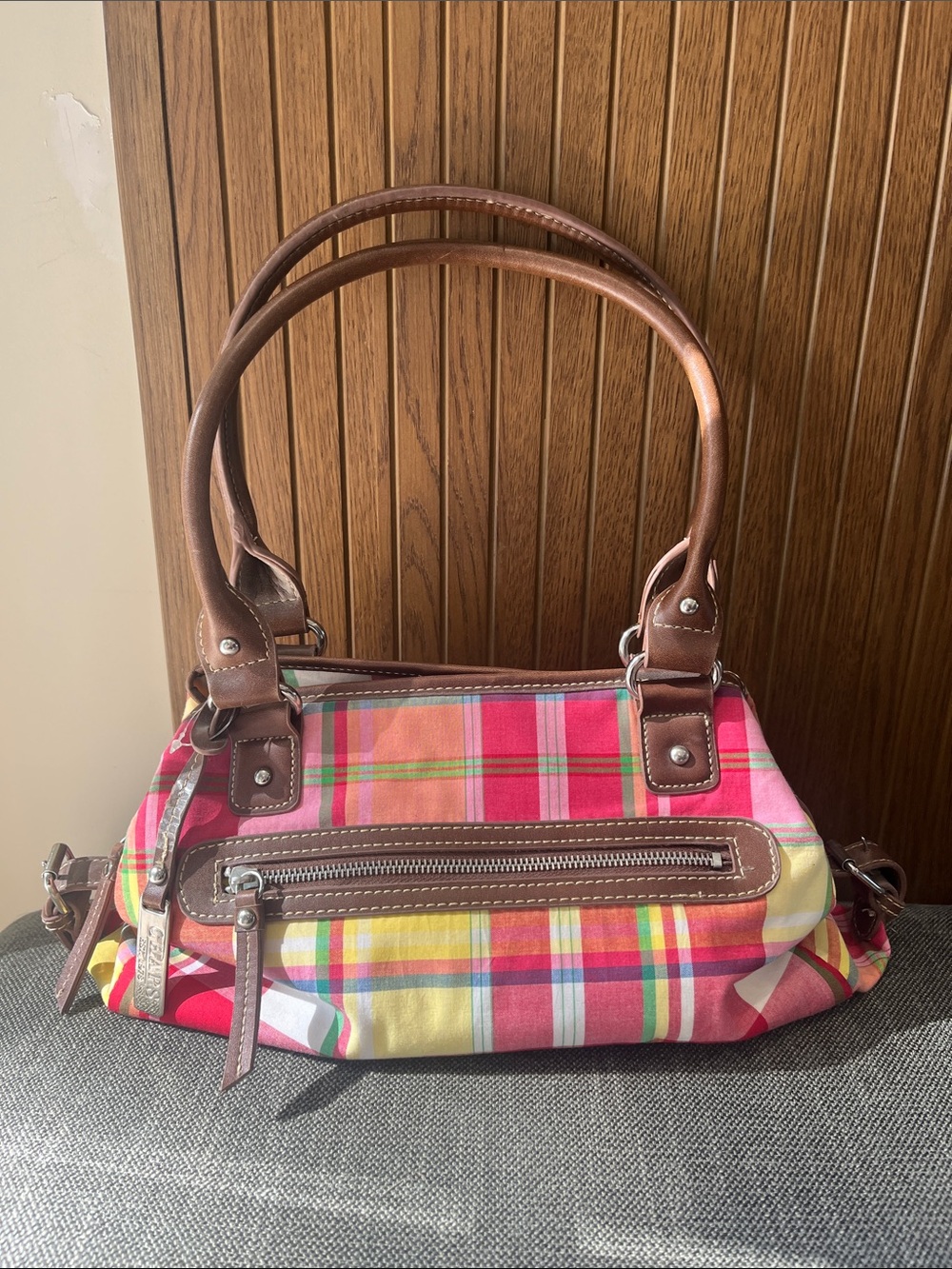 Chaos Plaid Pink Multicolor Shoulder Bag with Brown Trim